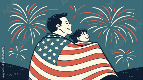 Father Daughter Watching Fireworks Wrapped in American Flag