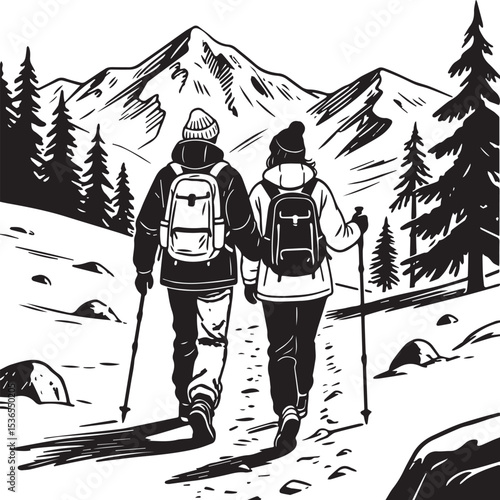 line art illustration of a couple hiking in winter