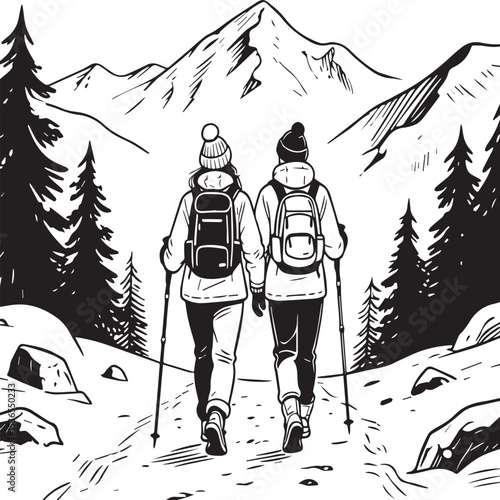 line art illustration of a couple hiking in winter