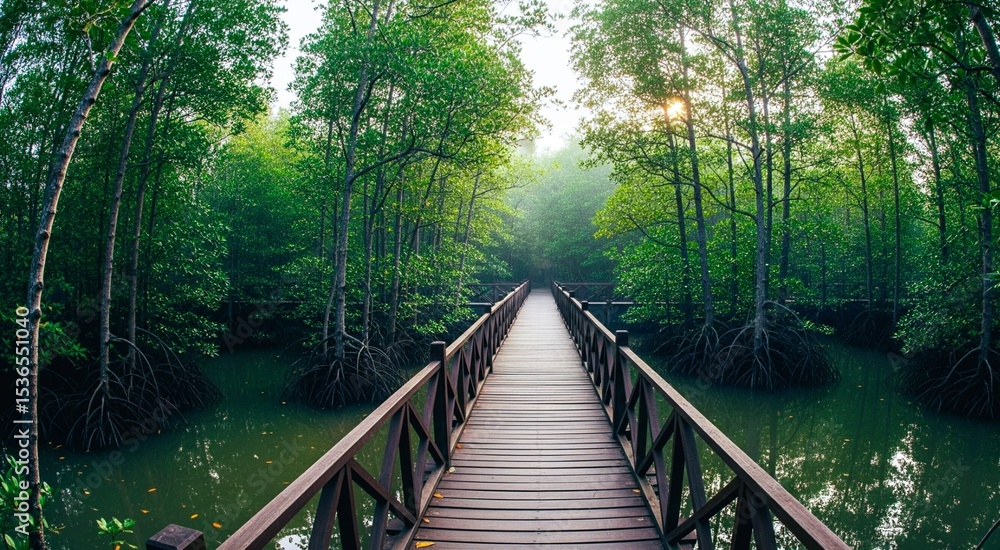 Fototapeta premium A beautiful green forest with a bridge in the middle