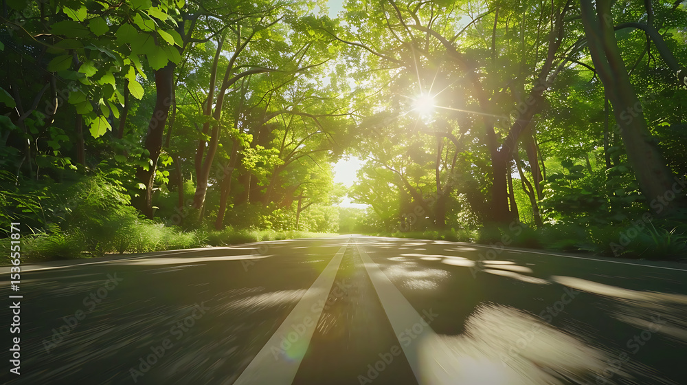 Obraz premium Serene Sunlit Forest Paths: Morning Light Filtering Through Lush Canopies