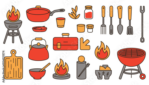 This vector set features essential barbecue and kitchen cooking utensils, perfect for food and restaurant-themed designs