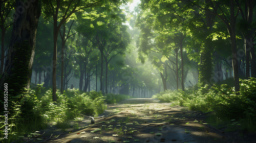 Serene Sunlit Forest Paths: Morning Light Filtering Through Lush Canopies
