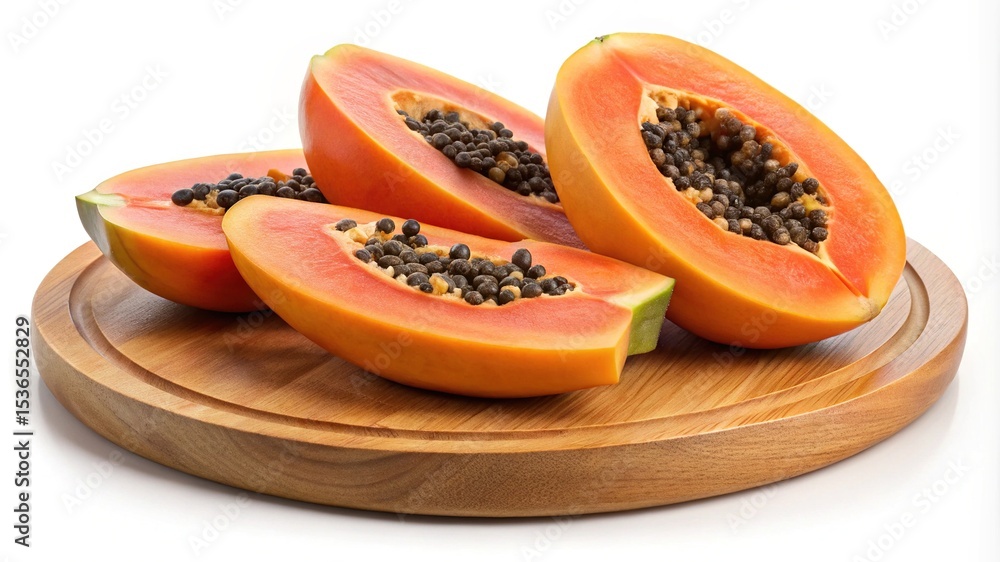 Slices of Fresh Ripe Papaya Fruit on a Wooden Cutting Board Slices of Fresh Ripe Papaya Fruit on a Wooden Cutting Board