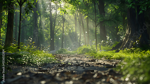 Serene Sunlit Forest Paths: Morning Light Filtering Through Lush Canopies