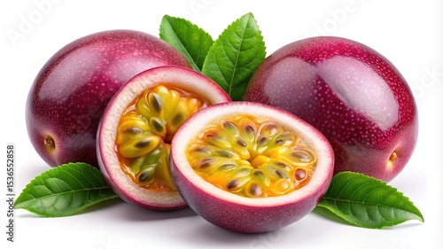 Exotic purple passion fruit still life isolated against a white background