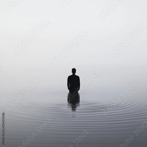 Solitary man wading in serene water creating ripples under soft light against vast sky landscape