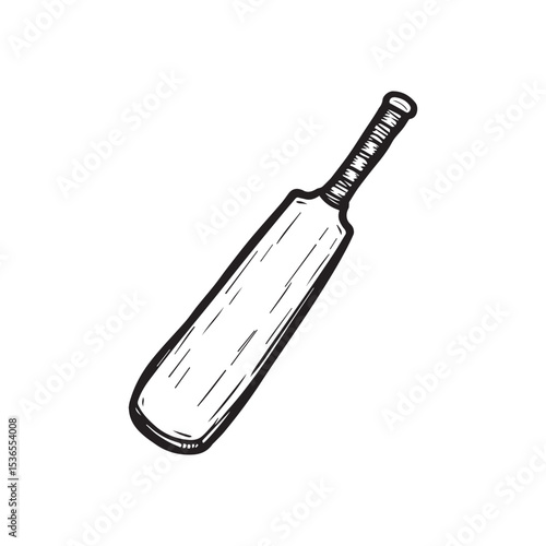 Cricket bat. Ink black and white doodle drawing in woodcut style.