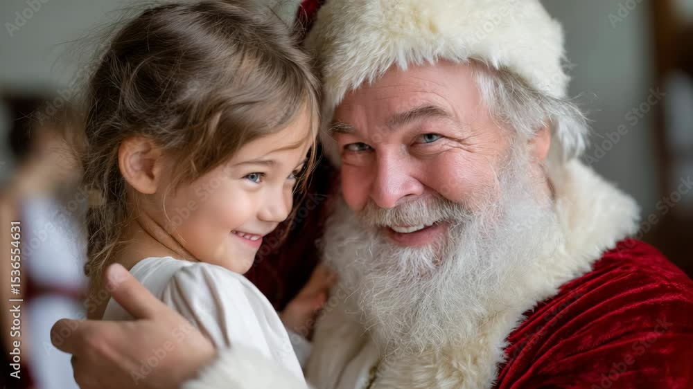 Close-up portrait of smiling Santa Claus with a cute little girl on his lap, Christmas concept. Close-up portrait of smiling Santa Claus with a cute little girl on his lap, Christmas concept.