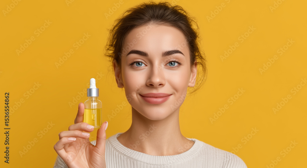 A young woman smiles confidently while holding a small bottle of cosmetic serum. The vibrant yellow background enhances her youthful appearance, capturing a moment of beauty and self-care. A young woman smiles confidently while holding a small bottle of cosmetic serum. The vibrant yellow background enhances her youthful appearance, capturing a moment of beauty and self-care.