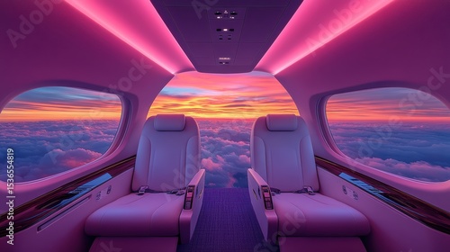 Luxurious jet interior featuring comfortable seats and breathtaking sunset skies through the windows