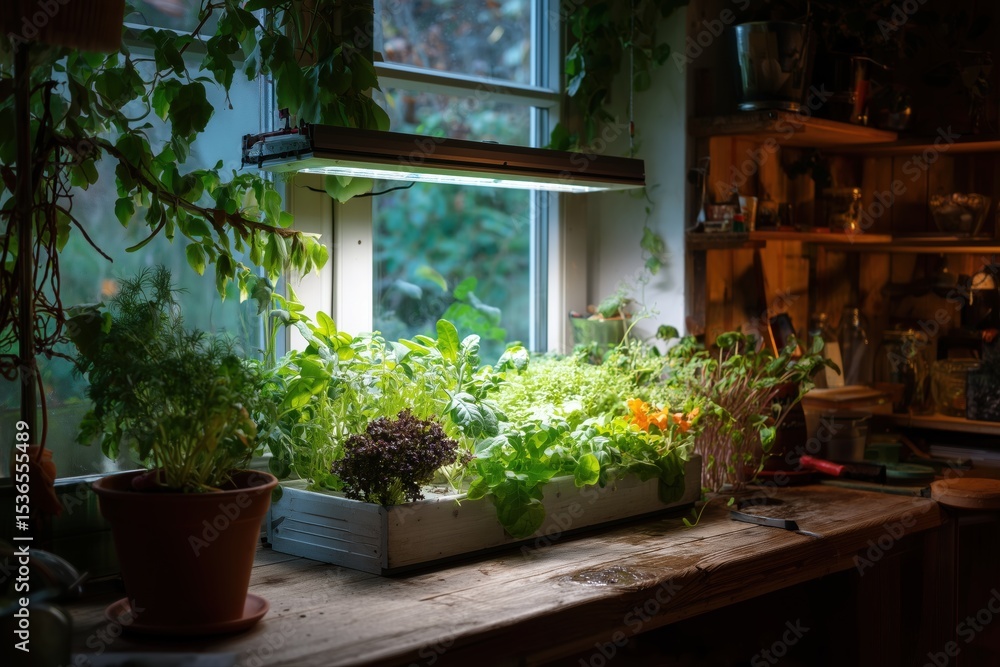 Fototapeta premium Indoor gardening with artificial light and fresh greens