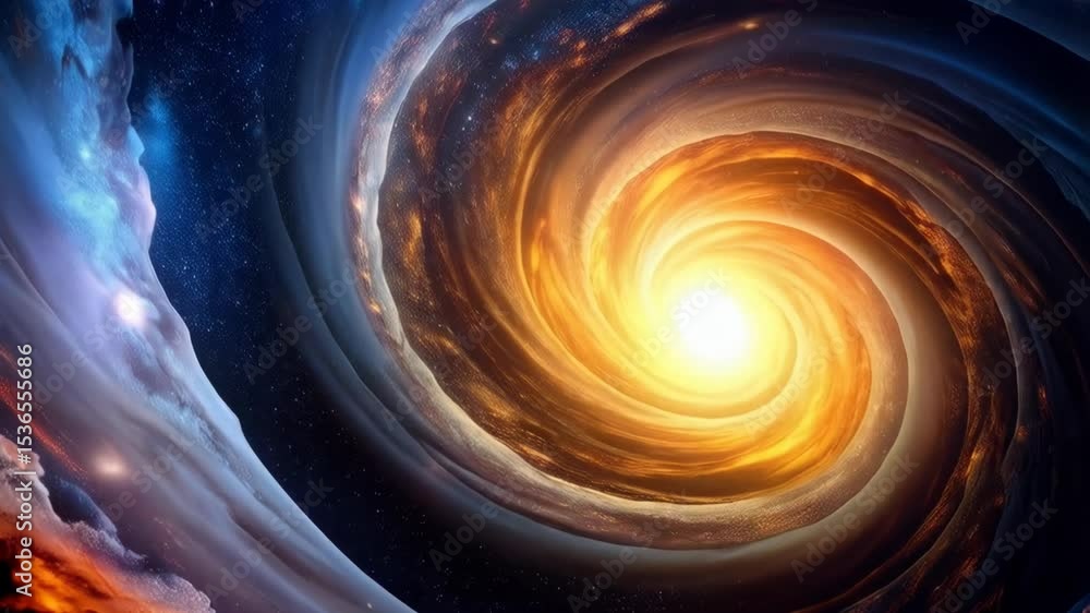 Hypnotic cosmic vortex with swirling clouds, bright light core, and dark outer space
