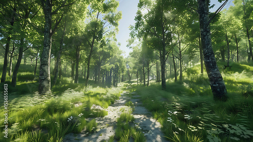 Serene Sunlit Forest Paths: Morning Light Filtering Through Lush Canopies