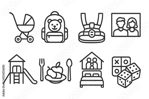 Family Travel Icons. Line style icons of family travel: stroller, kids backpack, child safety harness, family photo, playground,