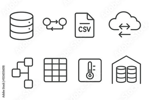 Data Source Icons. Line style icons of data sources: database icon, API connection, CSV file, cloud storage, data pipeline,