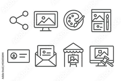 Digital Art Marketing Icons. Line style icons of digital art marketing: social share, portfolio website, artist logo, branding kit