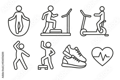 Home Cardio Icons. Line style icons of home cardio exercises: jump rope, stepper, treadmill, cycling, dance move, aerobics,