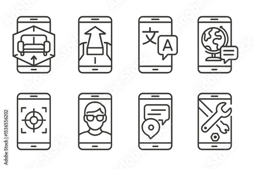 AR Application Icons. Line style icons of AR applications: furniture placement, navigation arrows, translation overlay,