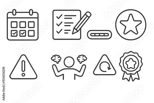 Behavioral Therapy Icons. Line style icons of behavioral therapy: habit tracker, goal list, progress bar, reward star, trigger
