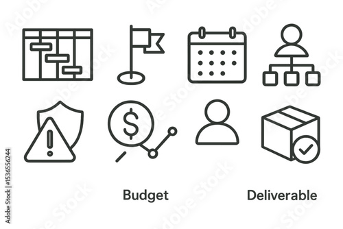 Project Planning Icons. Line style icons of project planning: Gantt chart, milestone, calendar, resource allocation, risk
