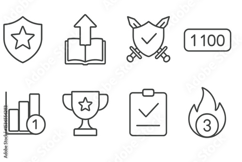 Gamified Education Icons. Line style icons of gamified education: badge earned, level up, challenge icon, points counter,