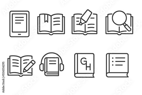 Digital Textbook Icons. Line style icons of digital textbooks: eBook reader, bookmark, highlight, search tool, note taking, audio