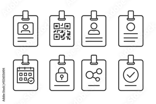 Event Badge Icons. Line style icons of event attendee badges: digital badge, QR code, attendee name, company logo, session tracker