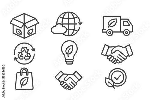 Sustainability Line Icons. Line style icons for sustainability in e-commerce: eco packaging, carbon offset, green delivery,