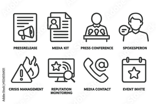 Public Relations Icons. Line style icons for public relations: press release, media kit, press conference, spokesperson, crisis