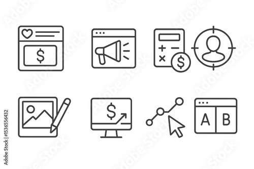 Social Media Ad Icons. Line style icons for social media advertising: sponsored post, ad campaign, budget allocation, target