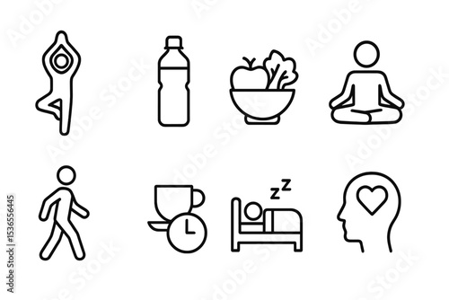 Health Line Icons. Line style icons for health and wellness: yoga pose, water bottle, healthy food, meditation, walk, break time,