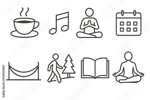 Work-Life Balance Icons. Line style icons for work-life balance in creativity: coffee cup, music note, yoga pose, calendar,