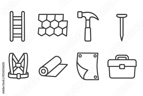 Roof Repair Tools. Line style icons for roof repair: ladder, shingles, hammer, nail, safety harness, roofing material, tarp,