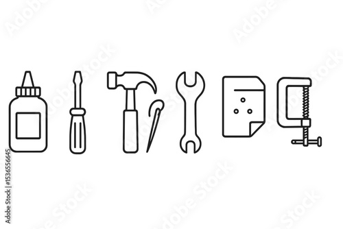 Furniture Repair Tools. Line style icons for furniture repair: glue, screwdriver, hammer, upholstery needle, wrench, sandpaper,