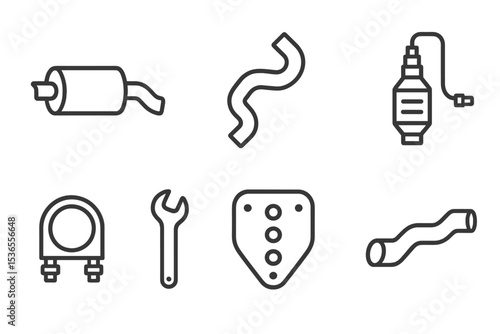 Exhaust System Icons. Line style icons for exhaust system repair: muffler, exhaust pipe, catalytic converter, oxygen sensor, clamp