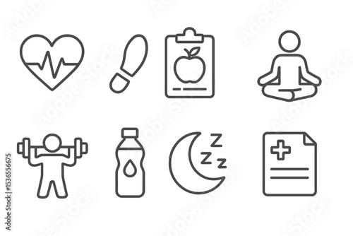 Health App Icons. Line style icons for health apps: heart rate, step counter, diet plan, meditation, workout, water intake, sleep