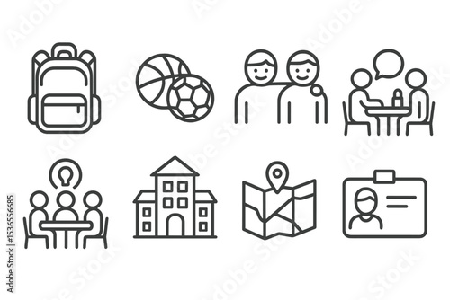 Student Life Icons. Line style icons for student life: backpack, sports, friends, cafeteria, club meeting, dormitory, campus map,