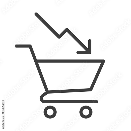 deflation clip art icon symbol, cost reduction, economic depression, financial crisis, cost of living concept, decline sales, shopping cart and down arrow, isolated line vector illustration