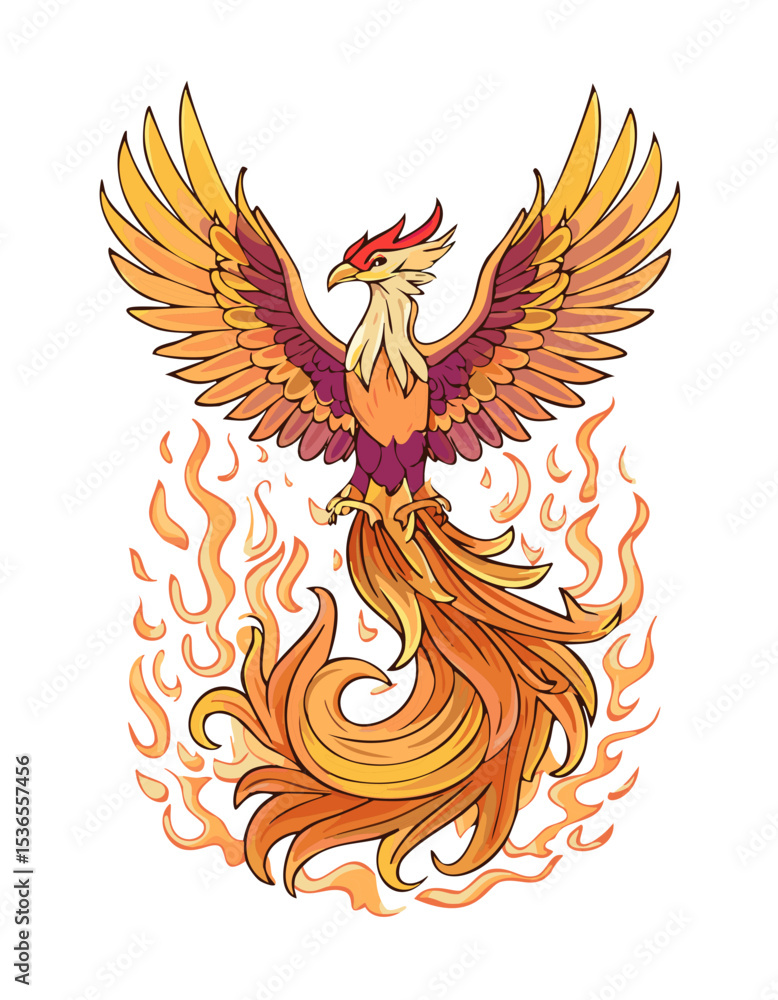 Fototapeta premium Elegant Phoenix with Fiery Tail – Mythical Firebird Illustration in Flames
