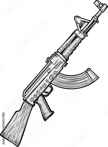 Detailed Rifle Drawing – Vintage Assault Weapon Illustration in Black and White