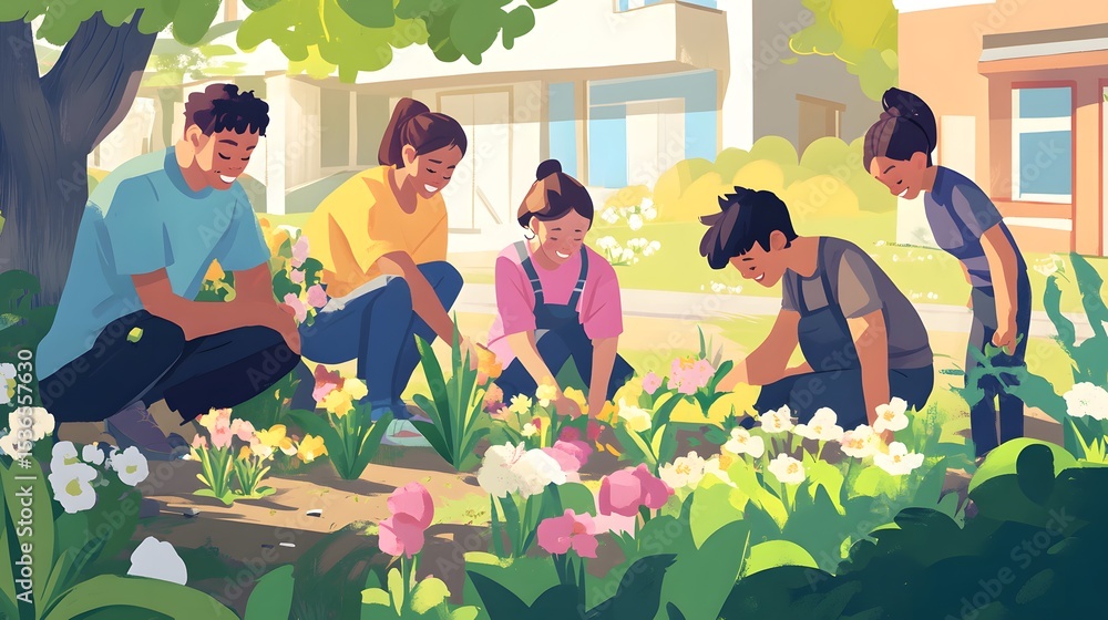 Fototapeta premium A group of young people tending a vibrant flower garden.