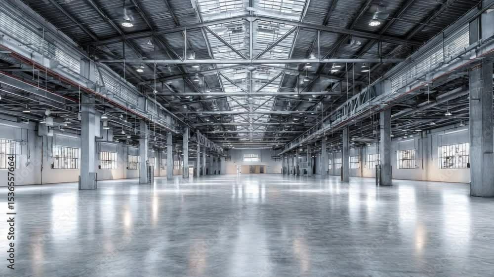 Industrial Interior: A spacious and modern industrial interior, showcasing clean lines, vast open space, and a polished concrete floor. Industrial Interior: A spacious and modern industrial interior, showcasing clean lines, vast open space, and a polished concrete floor.