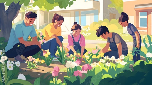 A group of young people tending a vibrant flower garden.