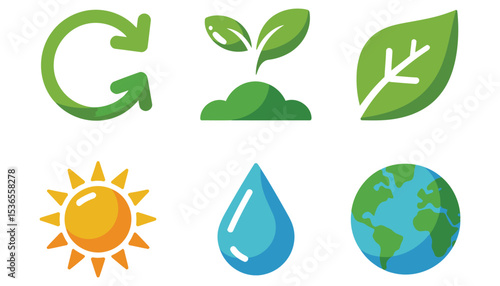 A set of vector ecology icons featuring green plant, leaf, and earth symbols for environmental design