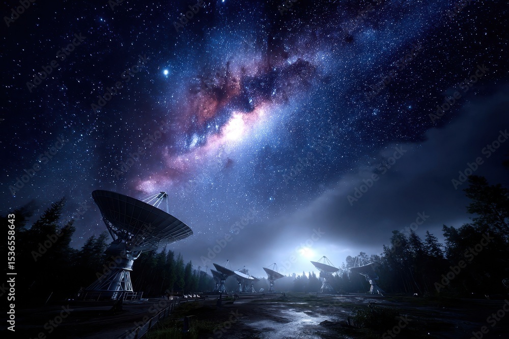 Night sky filled with stars over satellite dishes in a remote forest location Night sky filled with stars over satellite dishes in a remote forest location