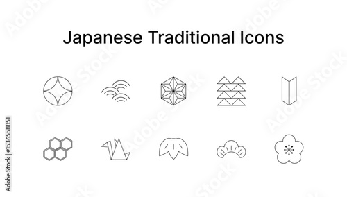 Japanese Traditional Pattern Icons, Line Art Set of 10 Symbols, Minimal Japanese Motifs, Vector