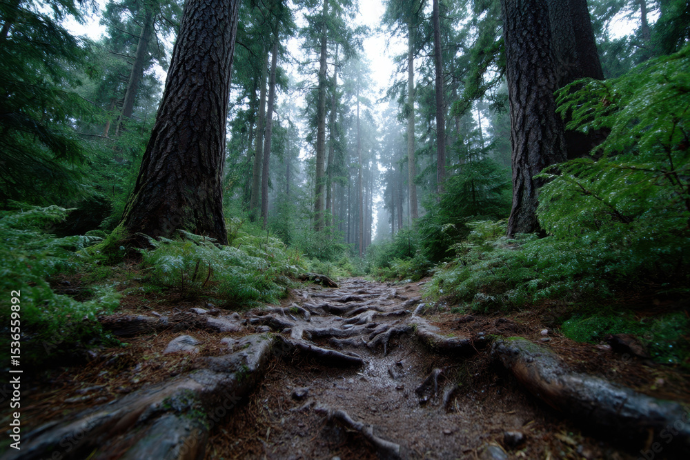 Obraz premium Pathway through a misty forest with towering trees and exposed roots during early morning