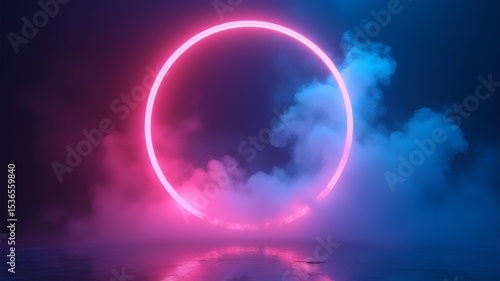 Wallpaper Mural Neon Pink Circle Blue Smoke, Futuristic Portal Abstract, Vaporwave Scene Torontodigital.ca