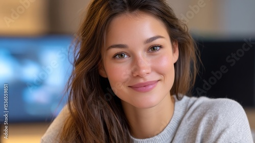 Young Woman Smiling While Engaged in Virtual Class in a Cozy Indoor Environment Free Download Young Woman Smiling While Engaged in Virtual Class in a Cozy Indoor Environment - GFXLoad